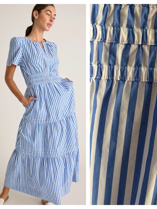 Quince Dresses & Skirts - Quince Blue White Azure Stripe Organic Cotton Poplin Tiered Maxi Dress Large